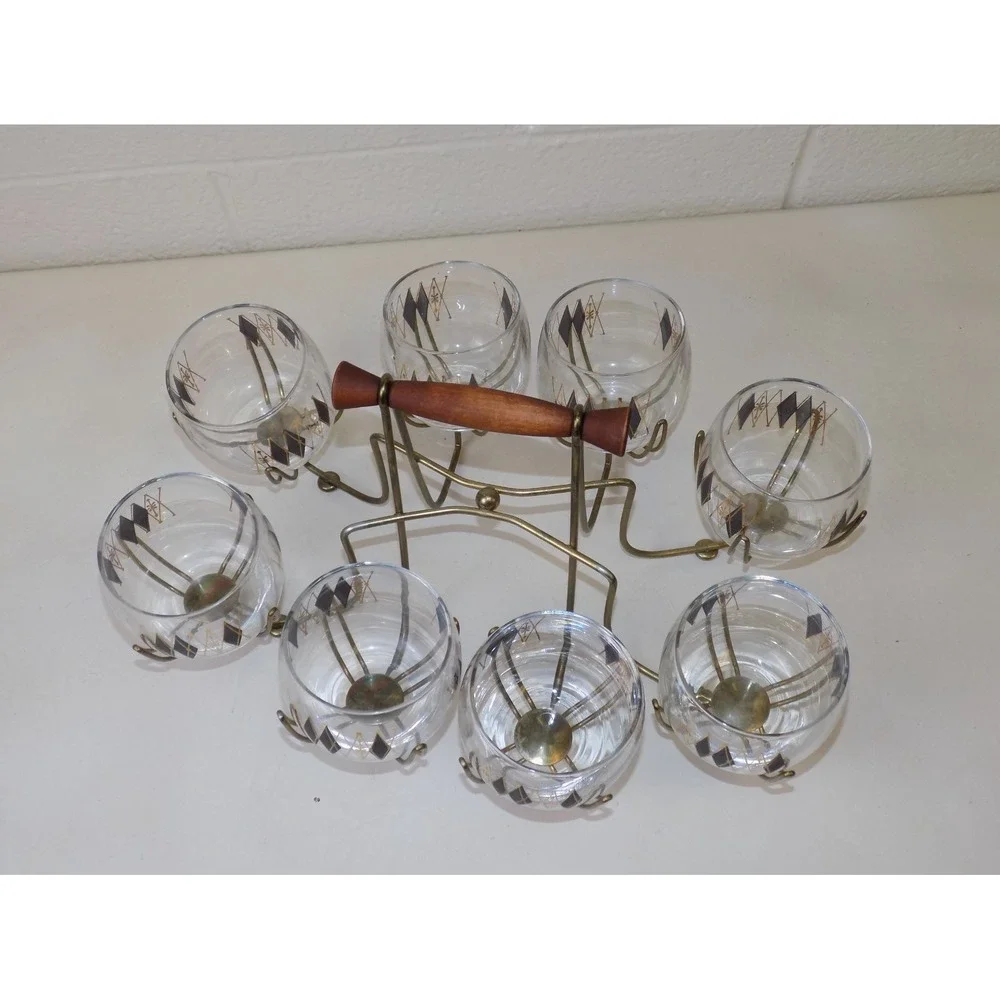 Federal Glass Harlequin Roly Poly Glasses Caddy Set MCM Atomic Barware 9 Pc